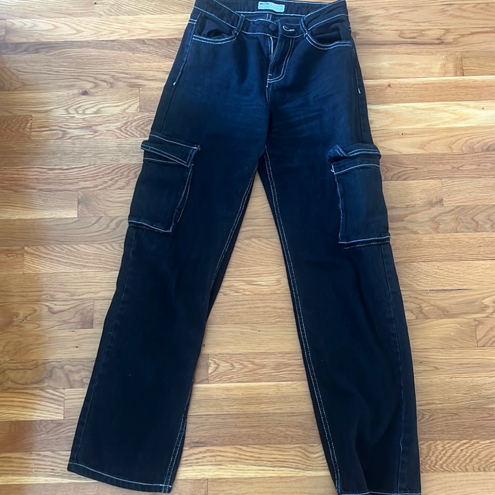 Black jean cargo pants with white stitching